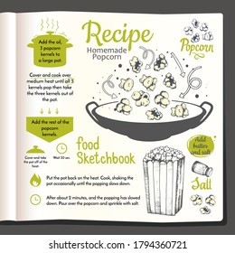 Food sketchbook with fast food snacks. Popcorn recipes. Food in the sketch style. Vector illustration. otepad sheet. Cookbook.