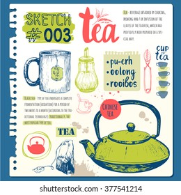 Food sketchbook with homemade tea party illustrations. Cup, sugar bowl, spoon and teapot in sketch style. Traditions of teatime. Decorative elements for your design. 