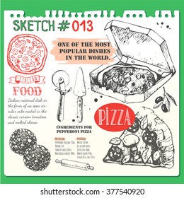 Food sketchbook with italian food.Delicious slice of pizza with salami, cheese, olives in sketch style.