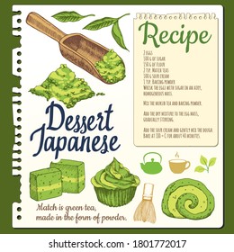 Food sketchbook with japanese traditional desert with matcha tea. Recipes. Food in the sketch style. Vector illustration of ethnic cooking. National tea ceremony. Cookbook.