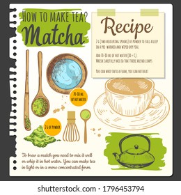 Food sketchbook with japanese traditional matcha tea. Recipes. Food in the sketch style. Vector illustration of ethnic cooking. National tea ceremony. Cookbook.