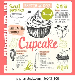 Food sketchbook with set of muffins and cupcakes in sketch style. Vector illustration of fresh organic baking with cooking recipe. Dessert pastries. 