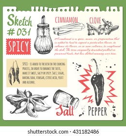 Food sketchbook with sketches of spices. Notepad sheet. Vector illustration with hand-drawn cinnamon, pepper, sugar, salt, cloves.