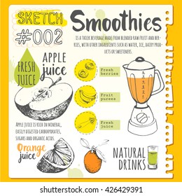 Food sketchbook. Useful drinks in sketch style. Vector funny illustration with natural juices  and beverages: smoothies, lemonade and kitchen equipment. Detox. Healthy lifestyle.