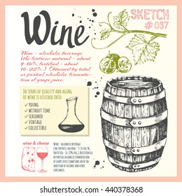 Food sketchbook. Winemaking products in sketch style. Vector illustration with barrel, wine glass, grapes, grape twig. Classical alcoholic drink.