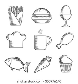 Food sketched icons set with French fries, boiled egg, toque, cookie, coffee, drumstick, fish, carrot and cupcake