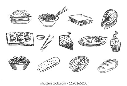Food sketches template, vector illustration isolated on white background