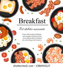 Food in a skillet. Fried food, breakfast on pan. Set of different morning food. Flat vector illustration on white background. Place for text. Advertising flyer or greetings card design.