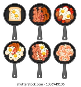 Food in a skillet. Fried food, breakfast on pan. Set of different morning food. Icons for menu logos and labels. Flat vector illustration isolated on white background..