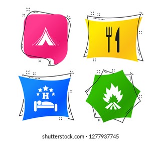 Food, sleep, camping tent and fire icons. Knife and fork. Hotel or bed and breakfast. Road signs. Geometric colorful tags. Banners with flat icons. Trendy design. Vector