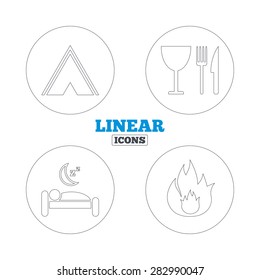 Food, sleep, camping tent and fire icons. Knife, fork and wineglass. Hotel or bed and breakfast. Road signs. Linear outline web icons. Vector