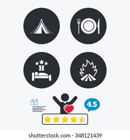Food, sleep, camping tent and fire icons. Knife, fork and dish. Hotel or bed and breakfast. Road signs. Star vote ranking. Client like and think bubble. Quotes with message.