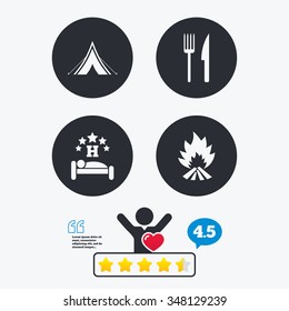 Food, sleep, camping tent and fire icons. Knife and fork. Hotel or bed and breakfast. Road signs. Star vote ranking. Client like and think bubble. Quotes with message.