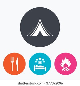 Food, sleep, camping tent and fire icons. Knife and fork. Hotel or bed and breakfast. Road signs. Circle flat buttons with icon.