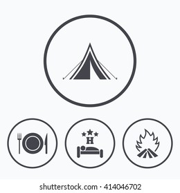 Food, sleep, camping tent and fire icons. Knife, fork and dish. Hotel or bed and breakfast. Road signs. Icons in circles.