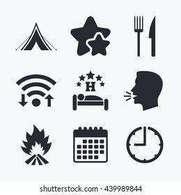 Food, sleep, camping tent and fire icons. Knife and fork. Hotel or bed and breakfast. Road signs. Wifi internet, favorite stars, calendar and clock. Talking head. Vector
