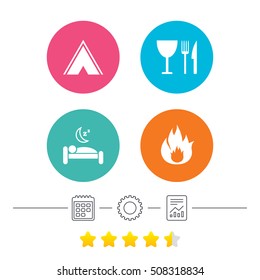 Food, sleep, camping tent and fire signs.