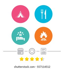 Food, sleep, camping tent and fire icons. Knife and fork. Hotel or bed and breakfast. Road signs. Calendar, cogwheel and report linear icons. Star vote ranking. Vector