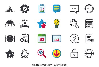 Food, sleep, camping tent and fire icons. Knife, fork and dish. Hotel or bed and breakfast. Road signs. Chat, Report and Calendar signs. Stars, Statistics and Download icons. Question, Clock and Globe