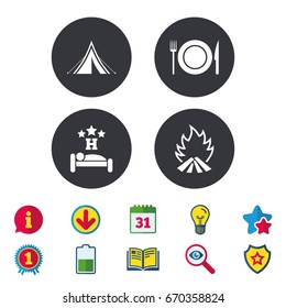 Food, Sleep, Camping Tent And Fire Icons. Knife, Fork And Dish. Hotel Or Bed And Breakfast. Road Signs. Calendar, Information And Download Signs. Stars, Award And Book Icons. Vector