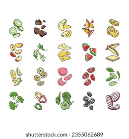 food slice cut fruit freah icons set vector. healthy vegetable, green salad, red tomato, falling onion, organic pepper, raw fry food slice cut fruit freah color line illustrations