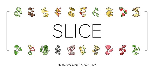 food slice cut fruit freah icons set vector. healthy vegetable, green salad, red tomato, falling onion, organic pepper, raw fry food slice cut fruit freah color line illustrations