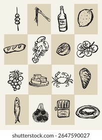 Food slogan print design with set of watercolor gourmet food illustrations vector print design for textile or other uses