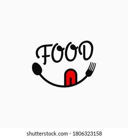 Food smile logo. Food lettering with eyes and tongue on white background