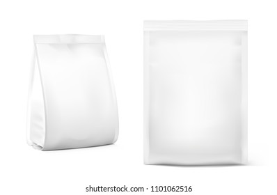 Food snack bags isolated on white background. Front and side view. Vector illustration. Can be use for template your design, presentation, promo, ad. EPS10.