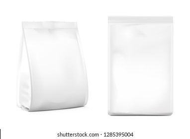 Food snack bags isolated on white background. Front and side view. Vector illustration. Can be use for template your design, presentation, promo, ad. EPS10.