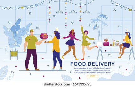 Food and Snack Delivery Online Service. Girls Ordering Fresh Baked Sweet Glazed Donuts for Hen-Party. Man Courier Carrying Cardboard Box with Pastry. Advertising Banner. Vector Illustration