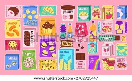 Food snack package. Candy wrap. Chocolate bars in grocery packaging. Biscuit cake packet. Drink can. Brand design wrappers. Tasty fastfood pack. Vending machine merchandise. Vector sweet garish set