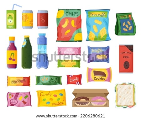 Food snack. Packet wrapper. Biscuits package. Sweets box. Soda can. Chips bag. Chocolate crisps. Juice or water bottle. Sandwich and donut. Isolated meal packing set. Vector illustration