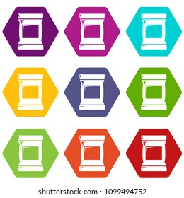 Food snack pillow bag icons 9 set coloful isolated on white for web