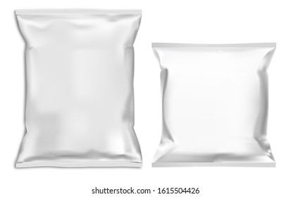 Bolsa de almohadas de tentempiés para comer. Plantilla vectorial en blanco. Sobre de hojas de chocolate. Ilustración de recipientes de polímeros cerrados de producto para publicidad de mercancías. Caja de papel de sopa lista