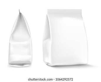 Food snack pillow bag on white background. Front and side views. Vector illustration. Can be use for template your design, promo, adv. EPS10.