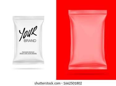 Food snack pillow bag on white and red background. Vector illustration. Can be use for template your design, promo, adv.	EPS10.