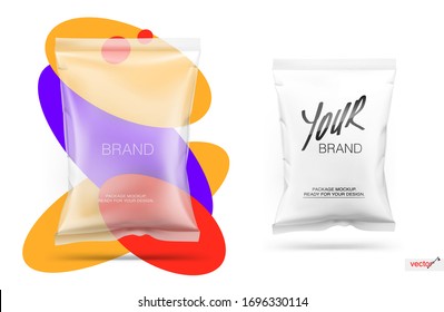 Food snack pillow bag. Vector illustration isolated on white background. Packaging mockup ready for your design.  Layered file with transparent highlights. EPS10.