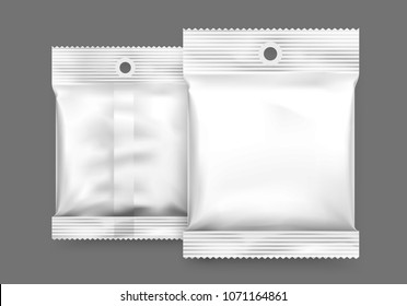 Food snack pillow bags on gray background. From and back view. Vector illustration. Can be use for template your design, presentation, promo. EPS10.