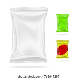 Food snack pillow bags on white background. Vector illustration. Can be use for template your design, promo, adv.