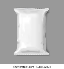 Food snack pillow bag.White Blank package for food Snack.Packaging for Coffee, Salt, Sugar, Pepper, Sachet, Sweets, Chips, Cookies Or Candy. Plastic Pack Template Ready For Your Design. Vector EPS10