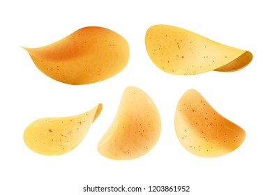Food snacks accompanying beer drinks set vector. Meal and fastfood crunchy potatoes rings with salt and different tastes. Unhealthy chips and crisps