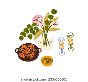 Food, snacks, drinks for romantic dinner. Flower bouquet in vase, champagne in wineglasses, olives, shrimps. Alcohol and appetizers, starters. Flat vector illustration isolated on white background