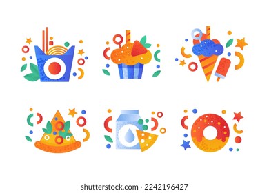 Food Snacks Flat Icon and Pictogram with Noodles, Cupcake, Ice Cream, Pizza and Donut Vector Set