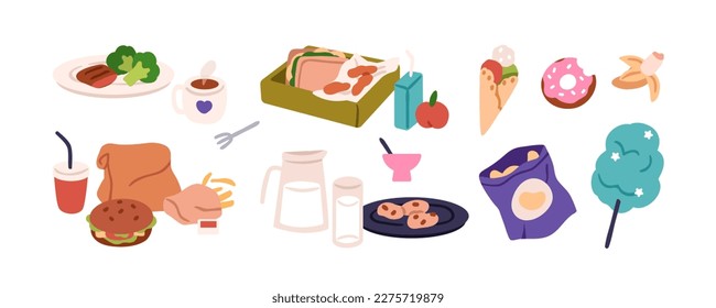 Food, snacks, meals, dishes set. Sweet desserts, eating, fruit, drinks. Sandwich in lunchbox, donut, burger, potato chips, cookies and milk. Flat vector illustration isolated on white background