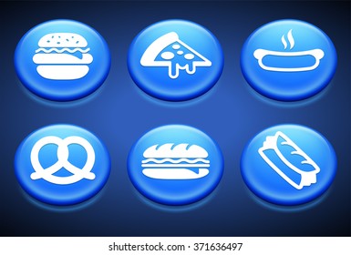 Food and Snacks on Blue Round Buttons
