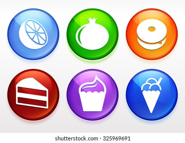 Food and Snacks on Colorful Round Buttons