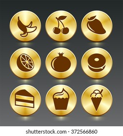 Food and Snacks on Gold Round Buttons
