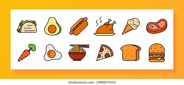 Food and snacks set icon. Taco, avocado, hot dog, roasted chicken, ice cream, steak, carrot, fried egg, ramen, pizza, bread, burger.
