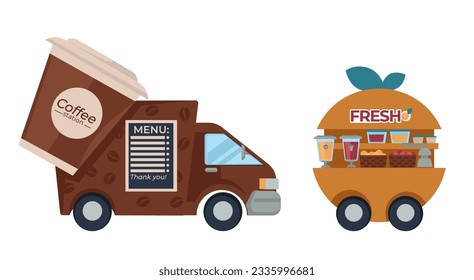 Food and snacks trucks selling fresh juice and tasty coffee beverages. Isolated menu table on vehicle or kiosk with ingredients and prices. Summertime vendors, grab and go. Vector in flat style
